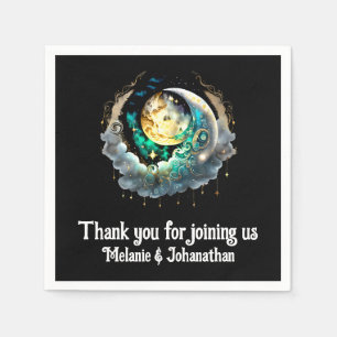 Celestial lunar moon black green starry night napkins