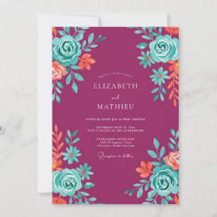 Celestial Magenta Aqua Painted Wedding Invitation