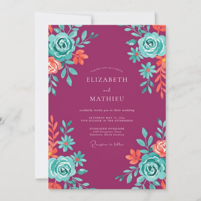Celestial Magenta Aqua Painted Wedding Invitation (Front)