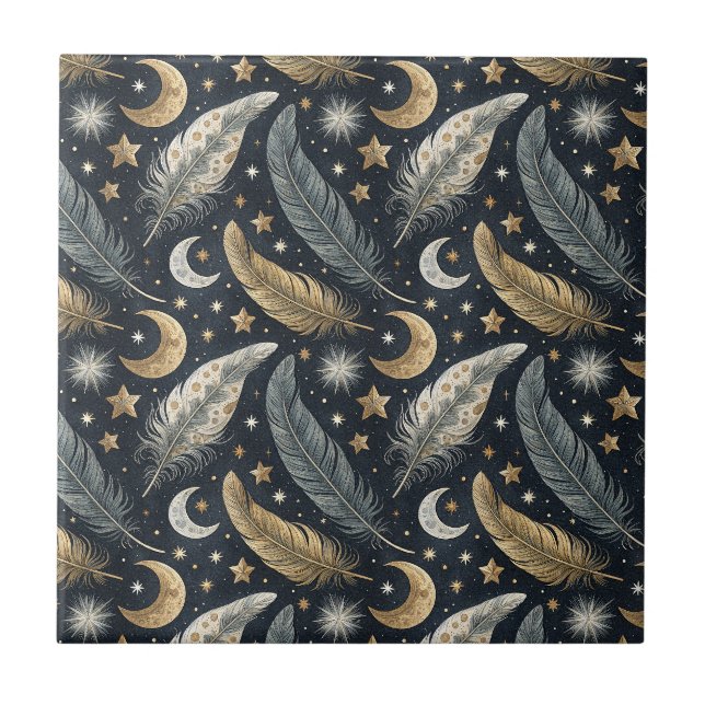 Celestial Magic Feathers Gold Moon & Stars Pattern Ceramic Tile (Front)