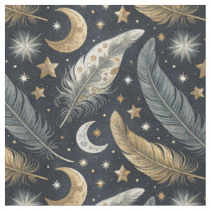 Celestial Magic Feathers Gold Moon & Stars Pattern Fabric