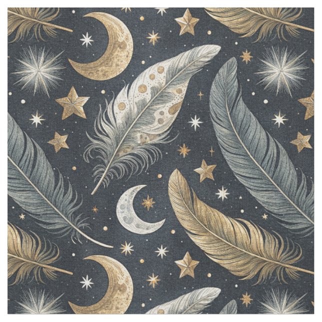 Celestial Magic Feathers Gold Moon & Stars Pattern Fabric (Close Up)