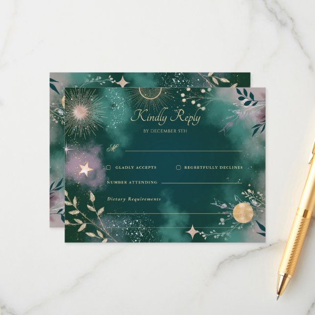 Celestial Magic Moon & Stars Emerald RSVP Wedding Enclosure Card (Front/Back In Situ)