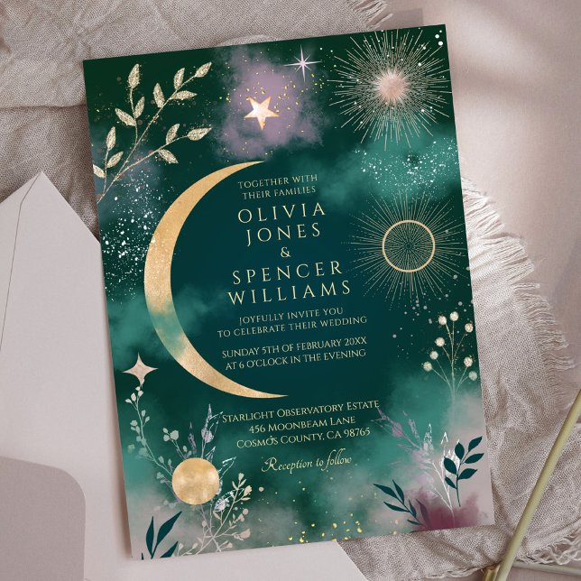 Celestial Magic Moon & Stars Emerald Wedding Invitation (Creator Uploaded)