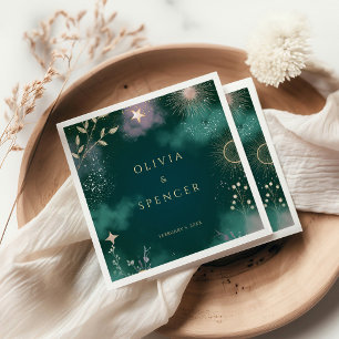 Celestial Magic Moon & Stars Emerald Wedding Napkins