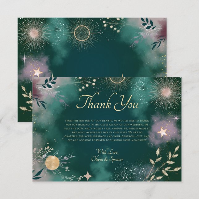 Celestial Magic Moon & Stars Emerald Wedding Thank You Card (Front/Back)