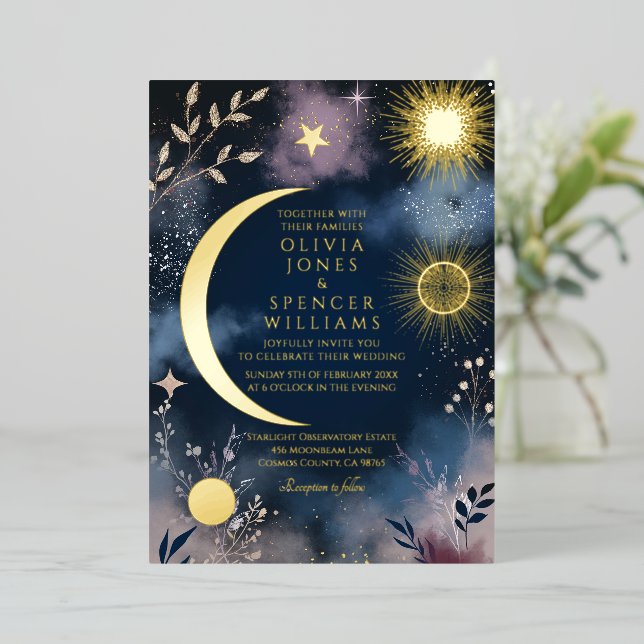 Celestial Magic Moon & Stars Wedding Foil Invitation (Standing Front)