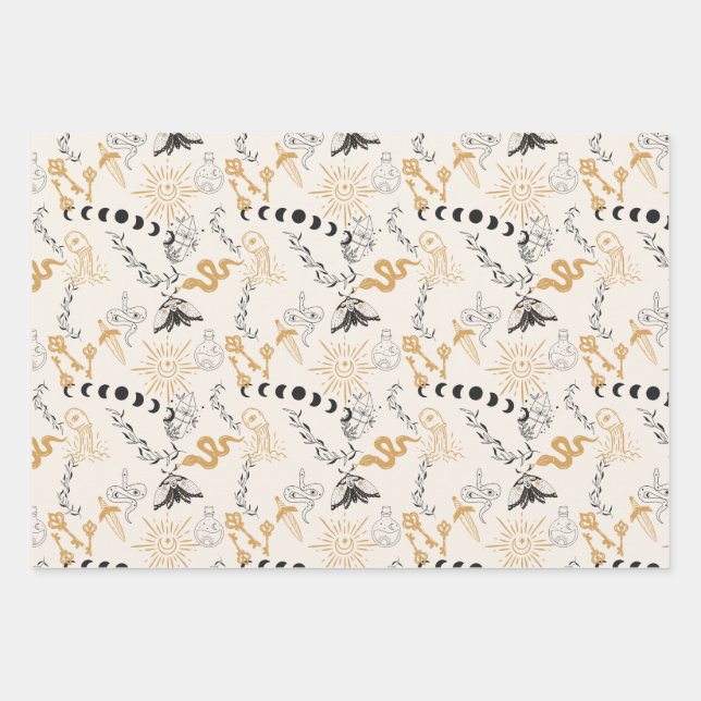 Celestial Magic Witchy Gold Grey & Blue Wrapping Paper Sheets (Front)