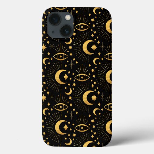 Celestial Magical Black  Gold Stars Moon Pattern iPhone 13 Case