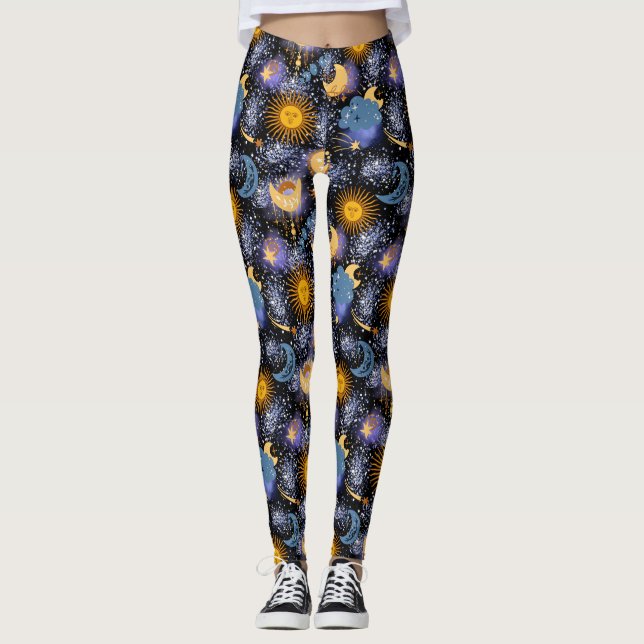 Celestial Magical Pattern Moon Stars Sun Black Leggings (Front)