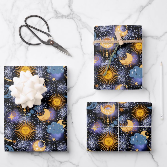 Celestial Magical Pattern Moon Stars Sun Black Sky Wrapping Paper Sheets (Front)