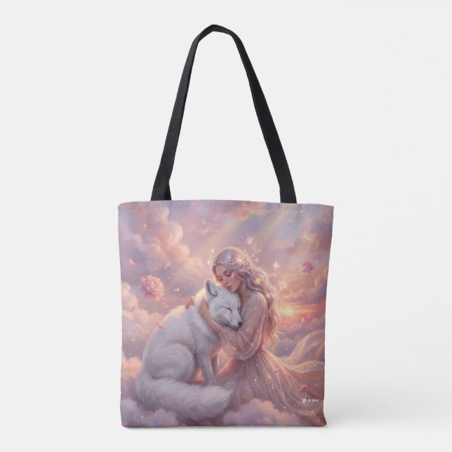 Celestial Maiden White Fox Fantasy Tote Bag (Back)