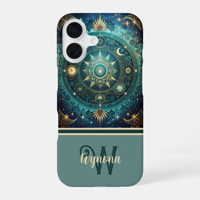 Celestial Mandala Moon Galaxy Teal Gold Monogram Iphone Case (Back)