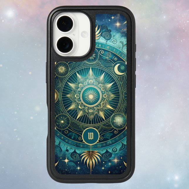 Celestial Mandala Moon Galaxy Teal Gold Monogram Otterbox iPhone Case (Creator Uploaded)