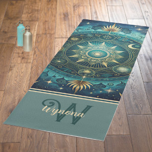 Celestial Mandala Moon Galaxy Teal Gold Monogram Yoga Mat