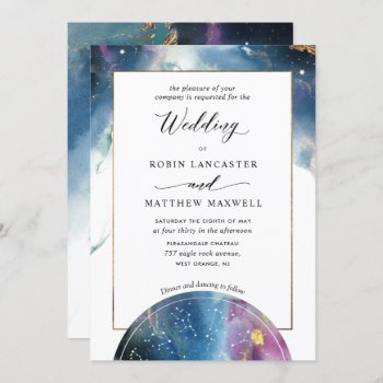 Celestial Map Teal Blue Purple Watercolor Wedding Invitation