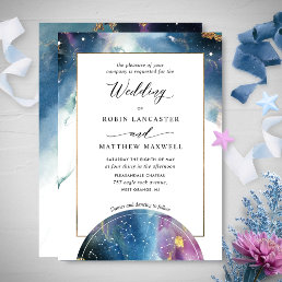 Celestial Map Teal Blue Purple Watercolor Wedding Invitation