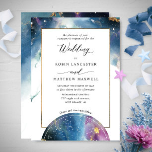 Celestial Map Teal Blue Purple Watercolor Wedding Invitation