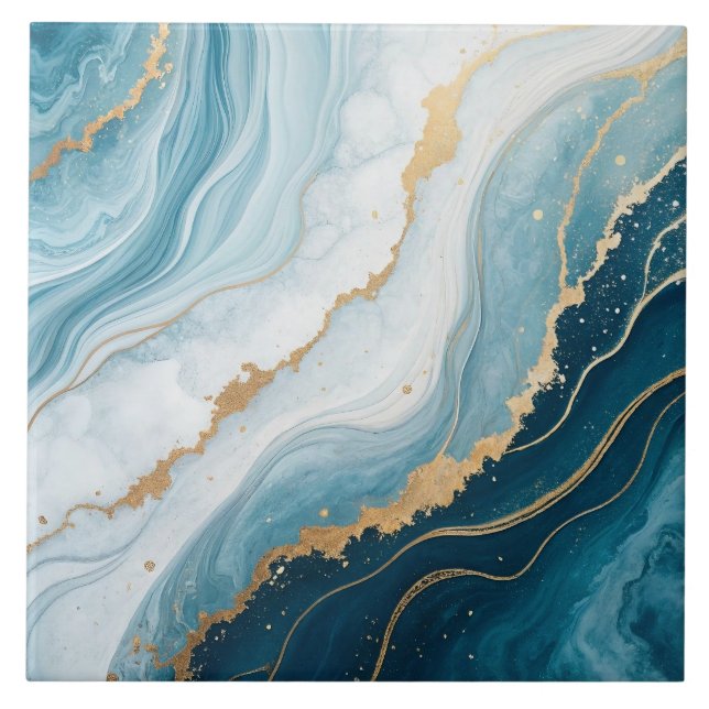 Celestial Marble – Blue, White & Gold Luxury Ceramic Tile (Front)