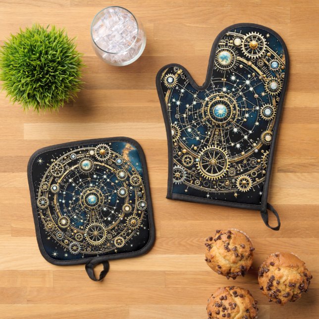 Celestial Mechanism Cosmic Art Oven Mitt & Pot Holder Set (Top Down)