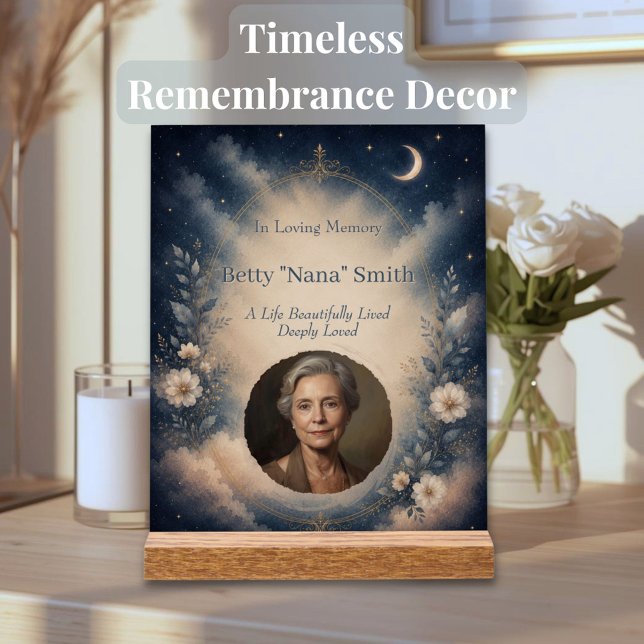 Celestial Memorial Acrylic Sign | Personalized (Elegant celestial memorial acrylic sign with personalized photo and soft spiritual artwork.)