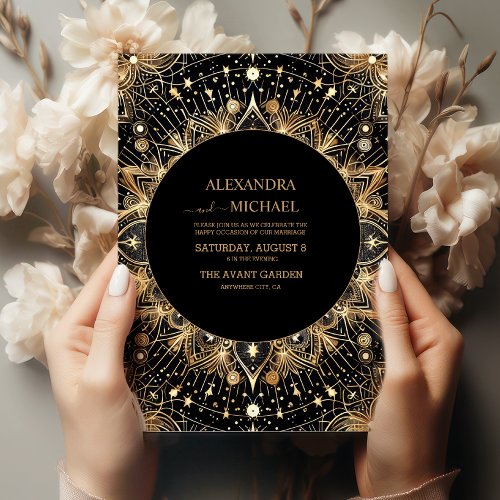 Celestial Midnight Black Crescent Moon Wedding Invitation