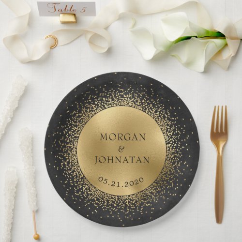 Celestial Midnight Black Gold Moon Paper Plate