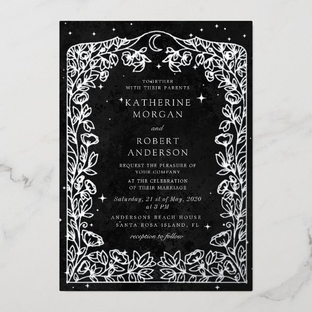Celestial Midnight Black Stars Moon Wedding Foil Invitation (Front)