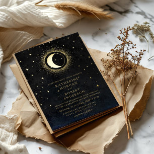 Celestial Midnight Black Stars Moon Wedding Foil Invitation