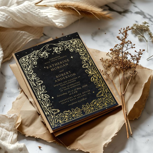 Celestial Midnight Black Stars Moon Wedding Foil Invitation (Creator Uploaded)