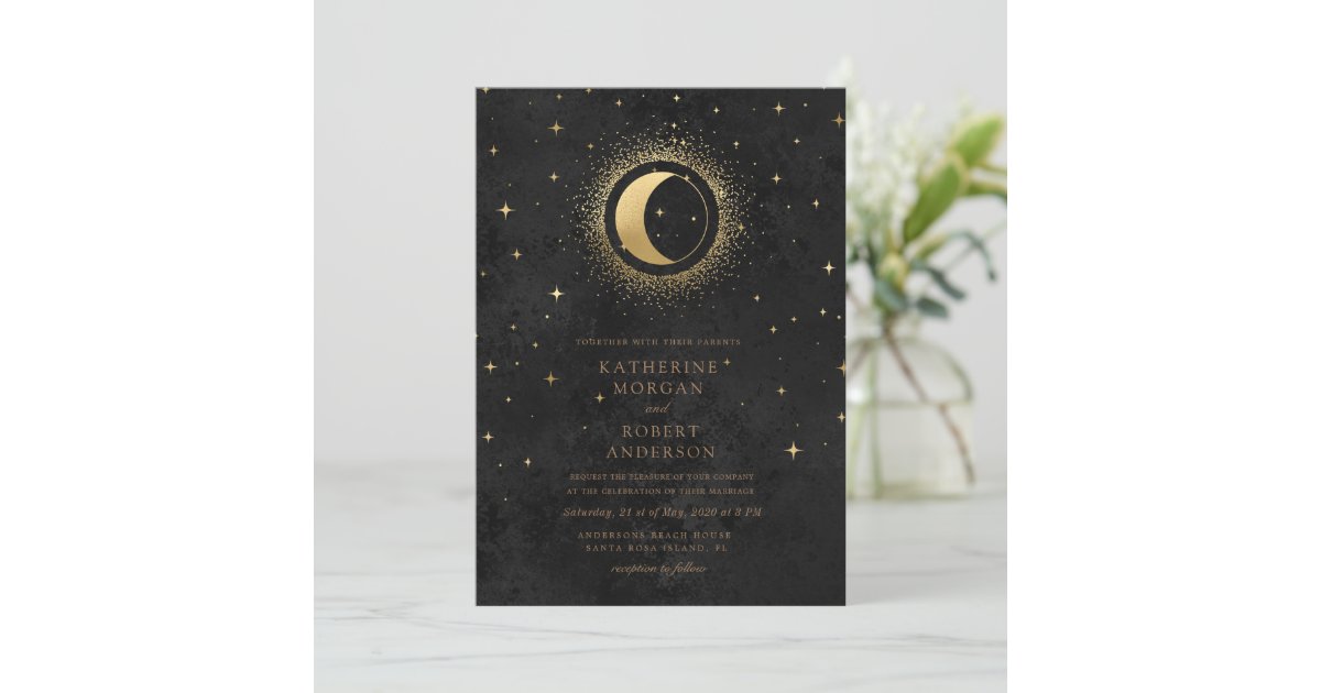 Celestial Midnight Black Stars Moon Wedding Invitation | Zazzle