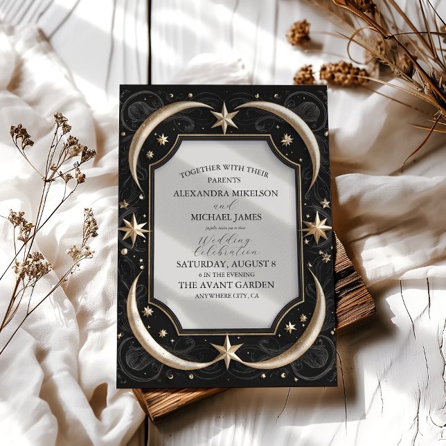 Celestial Midnight Black Stars Moon Wedding Invitation (Creator Uploaded)
