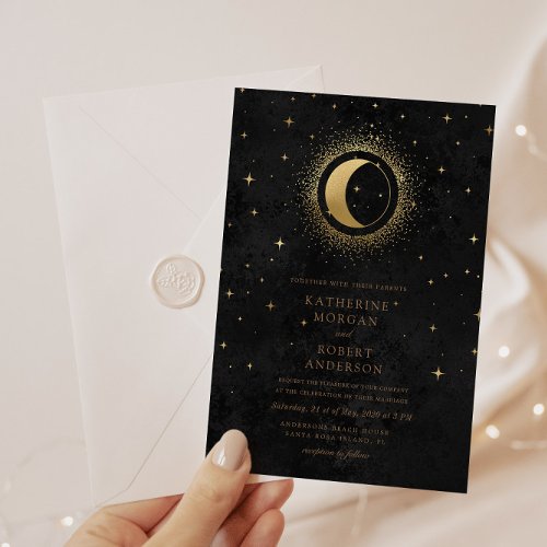 Celestial Midnight Black Stars Moon Wedding Invitation