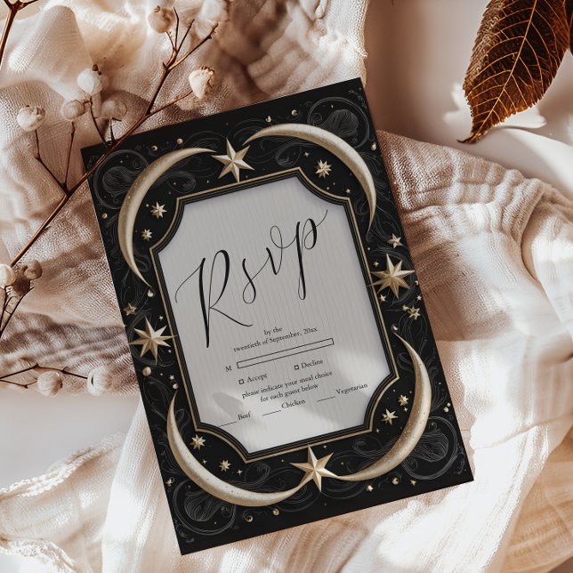 Celestial Midnight Black Stars Moon Wedding RSVP Card (Creator Uploaded)