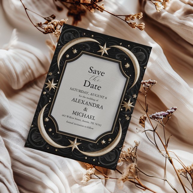 Celestial Midnight Black Stars Moon Wedding Save The Date (Creator Uploaded)
