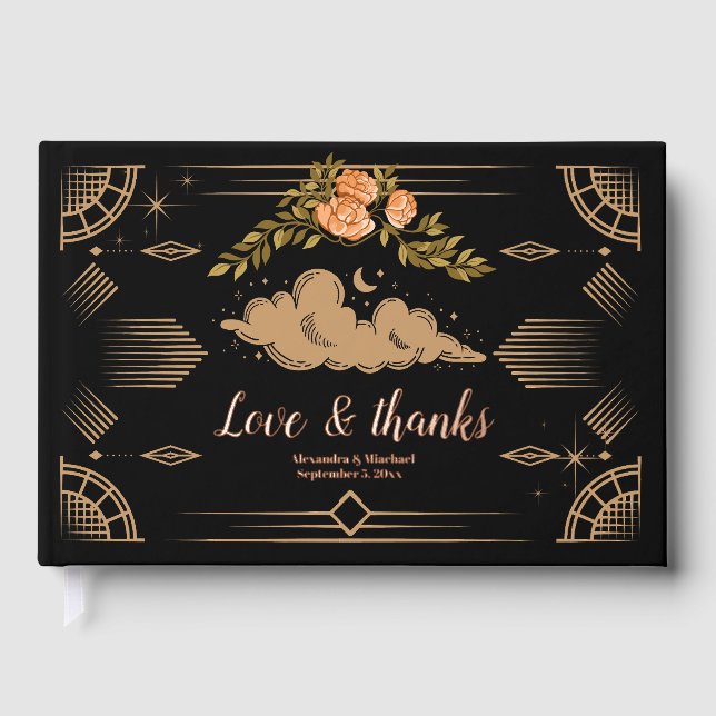 Celestial Midnight Black Stars Wedding  Foil Guest Book (Front)