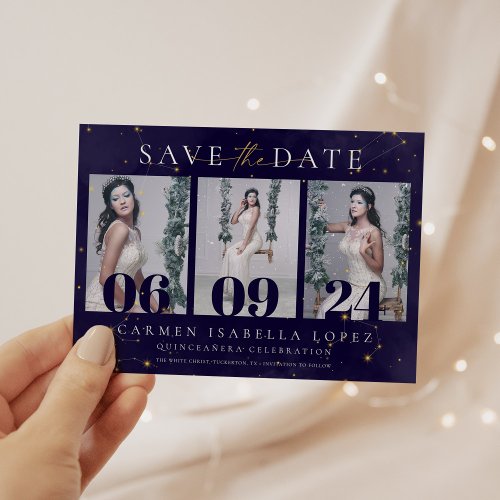 Celestial Midnight Blue and Gold Quinceanera Save The Date