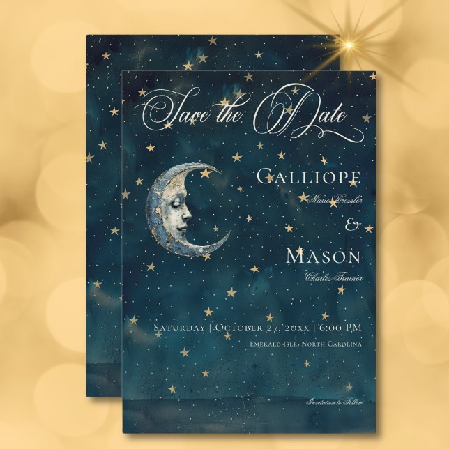 Celestial Midnight Blue Crescent Moon Wedding Save The Date (Celestial Midnight Blue Crescent Moon Wedding Save The Date Card)
