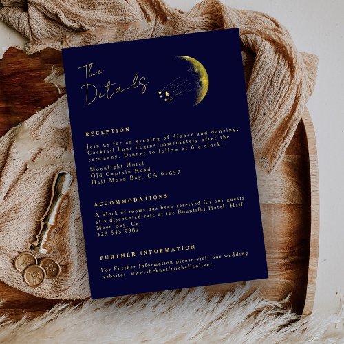 Celestial Midnight Blue Gold Crescent Moon Wedding Enclosure Card