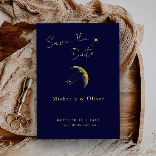 Celestial Midnight Blue Gold Crescent Moon Wedding Save The Date
