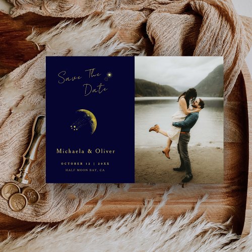 Celestial Midnight Blue Gold Moon Photo Wedding Save The Date