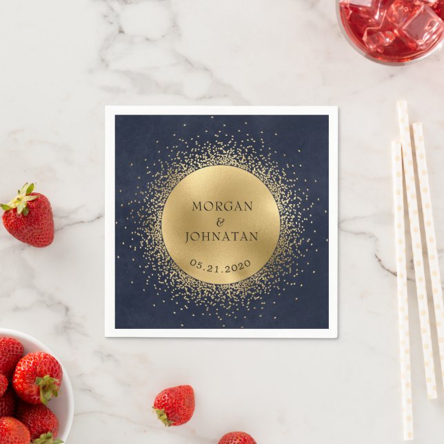 Celestial Midnight Blue Gold Moon Wedding Napkins (Insitu)