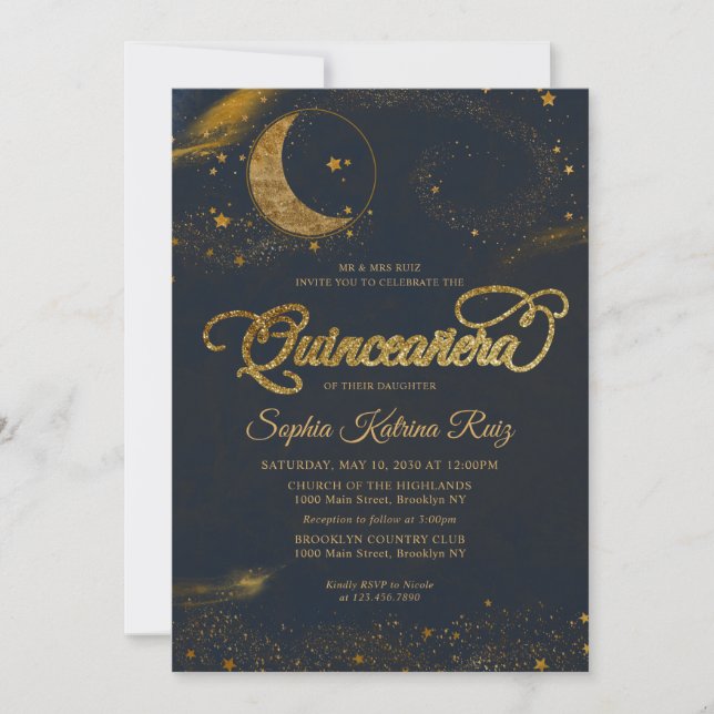 Celestial Midnight Blue Gold Star Moon Quinceanera Invitation (Front)