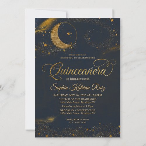 Celestial Midnight Blue Gold Star Moon Quinceanera Invitation