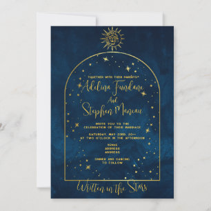 Celestial Midnight Blue Gold Star Moon Sun Wedding Invitation