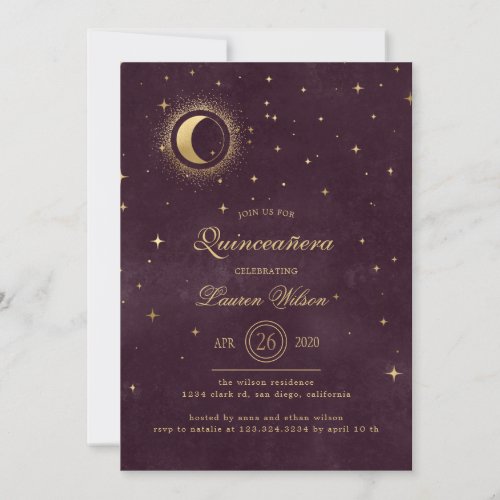 celestial midnight blue gold stars Quinceanera Inv Invitation