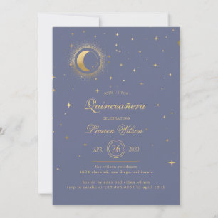celestial midnight blue gold stars Quinceanera Inv Invitation