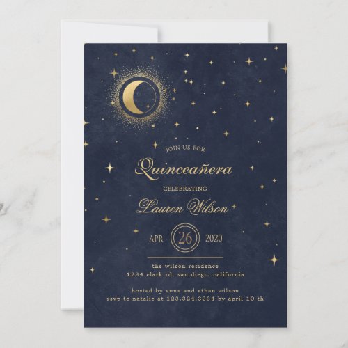 celestial midnight blue gold stars Quinceanera Invitation