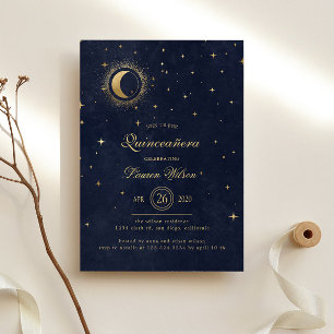 Celestial Midnight Blue Gold Stars Quinceanera Invitation