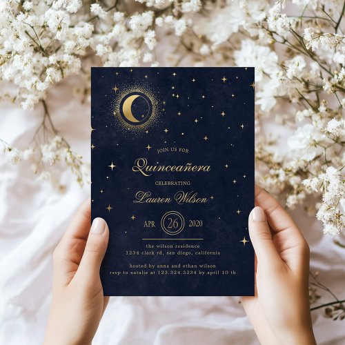 Celestial Midnight Blue Gold Stars Quinceanera Invitation